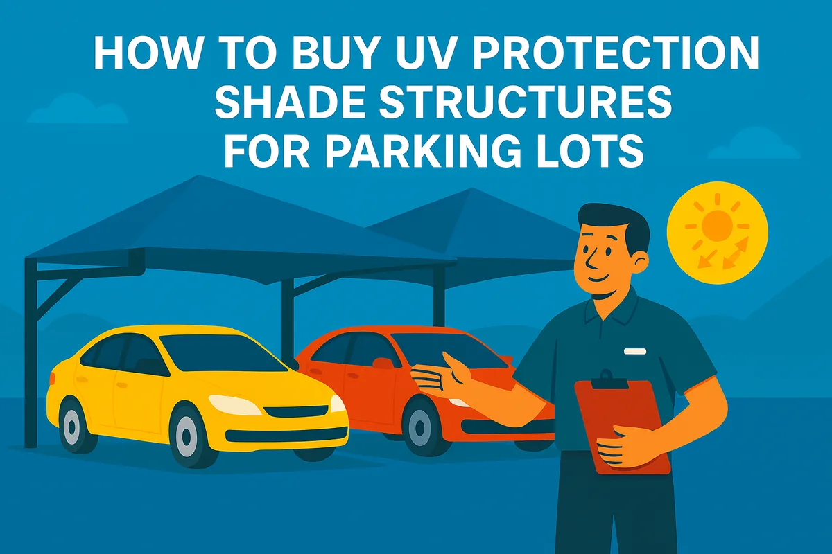 Illustration of a man with a clipboard beside two cars parked under shade canopies in the sun
