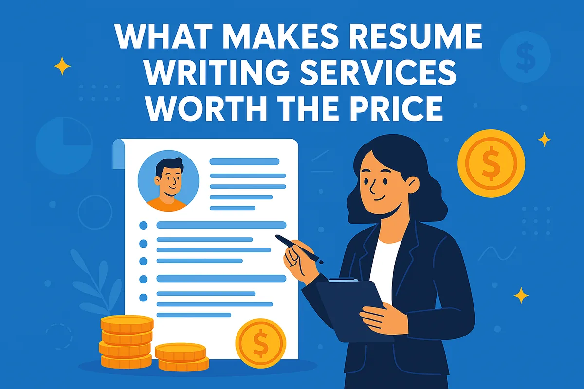 Illustration of a woman checking a CV with a pen, next to stacks of gold coins