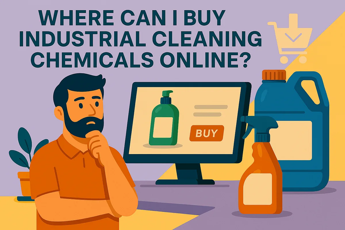 Illustration of a man thinking in front of a computer showing a cleaning product with a buy button, next to large chemical containers