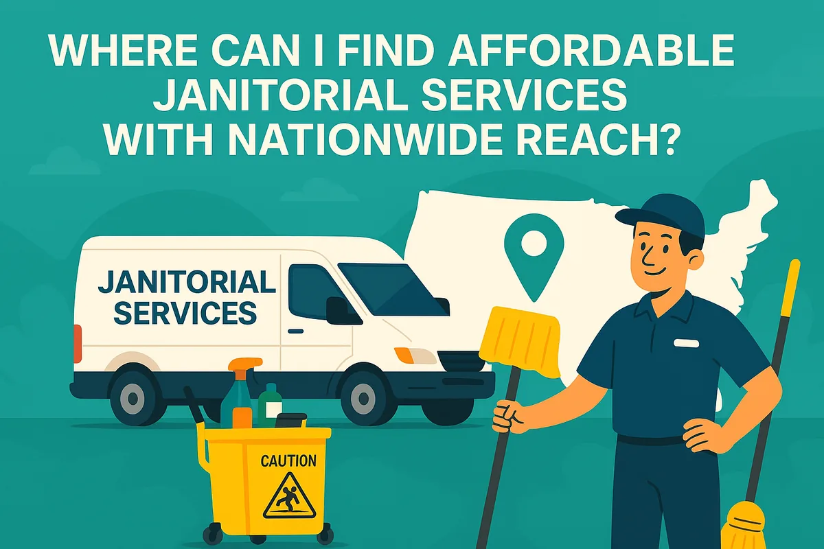 Illustration of a cleaner with a mop beside a janitorial services van, a cleaning trolley and a map of the United States