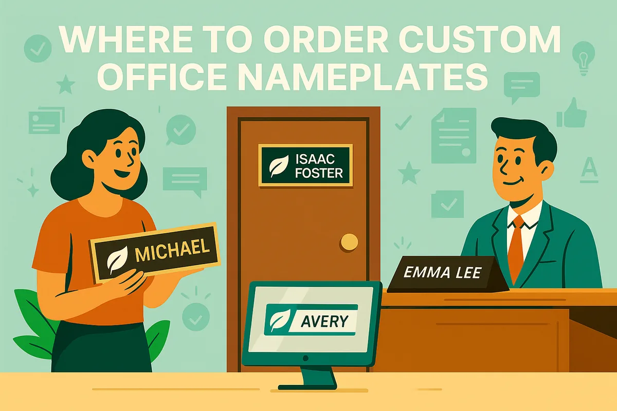 Illustration of a woman holding a nameplate, with nameplates on an office door, a desk and a screen