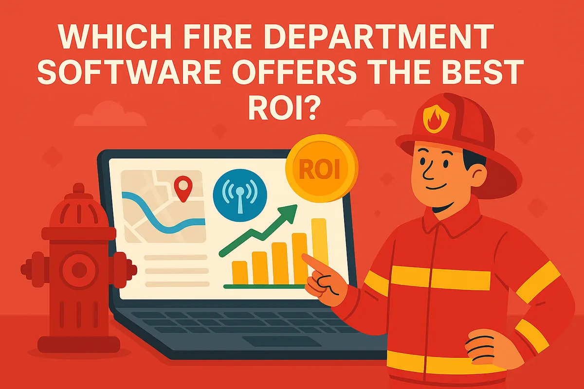 Illustration of a firefighter pointing to a laptop showing a map and a rising ROI chart, beside a fire hydrant