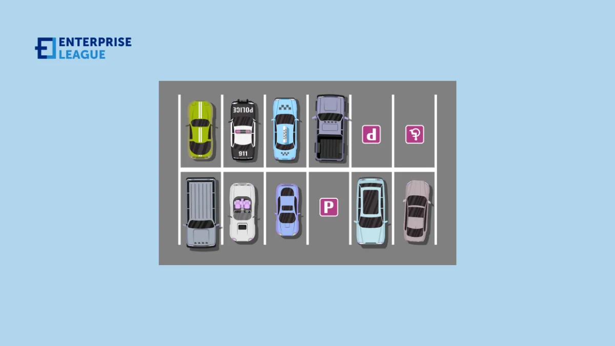 Illustration of a car park seen from above, with cars in marked bays and some spaces empty