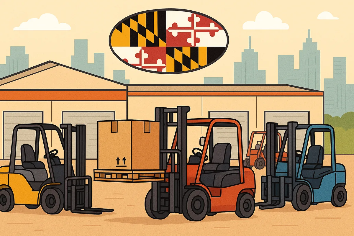 Illustration of three forklifts outside a warehouse, under the Maryland state flag