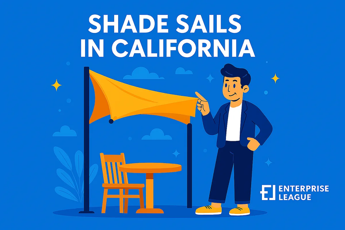 Illustration of a man pointing to an orange shade sail over a table and chair