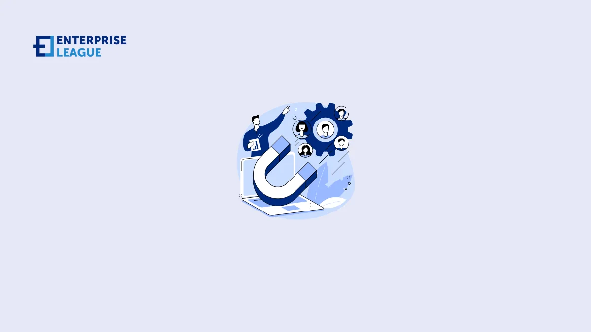 Illustration of a large magnet drawing in people's profiles beside a gear and a laptop